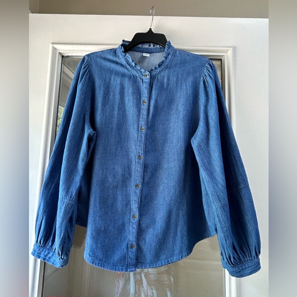 Old Navy Blue Denim Ruffle Collar Button-Front Blouse